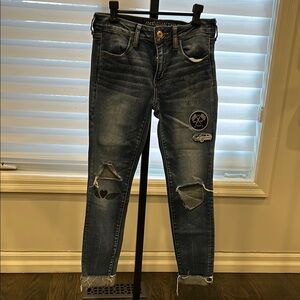 American Eagle Outfitters Women's Distressed Blue Jeans with Embroidery and Rips